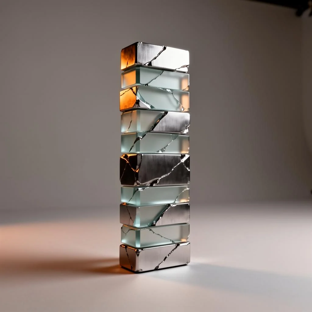Political — fractured chrome and frosted-glass monolith